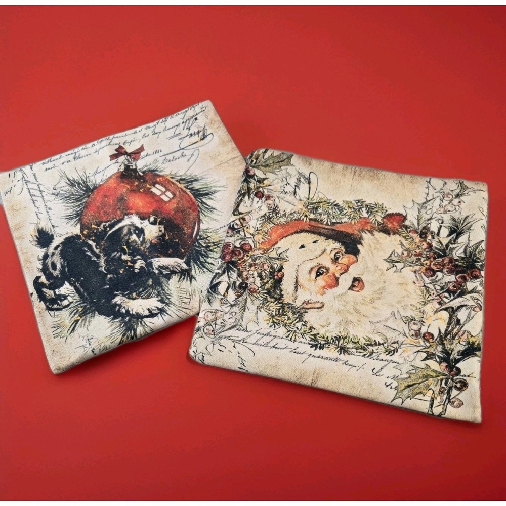 Set Of 2 Decor Christmas Pillow Cases Both 17.5" X 17.5" Santa Kitten Side Zip